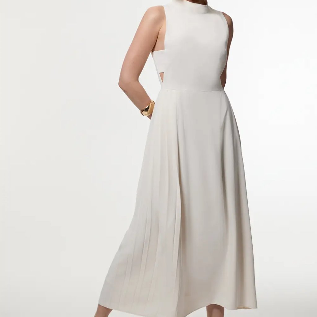 Karen Millen Petite Soft Tailored Pleated Panel Midaxi Dress, Ivory, 6p